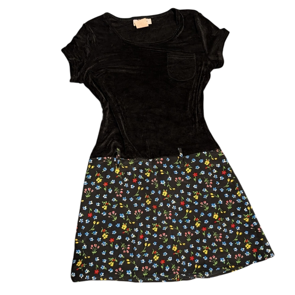 Vintage 90s Kala Black Floral Print Mod Style‎ Girls Dress